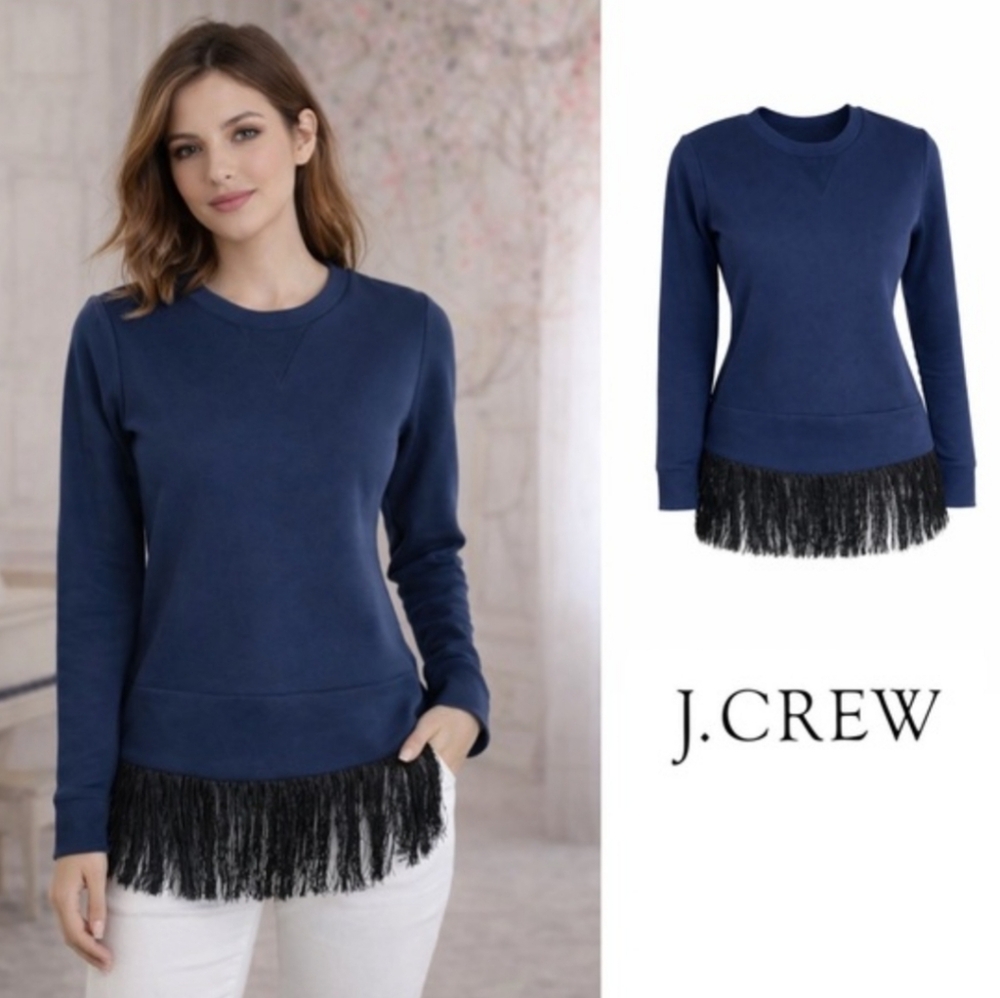 J Crew Top Navy Black Heavy Jersey w 4.5" Black Fringed Hem Cotton Top